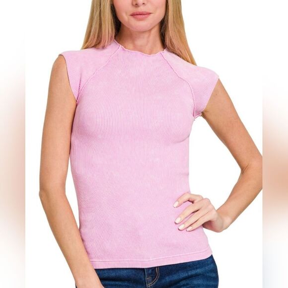 Zenana Washed Ribbed Seamless Top Pink Women's Ribbed Summer Top Cap Sleeve - Picture 1 of 4